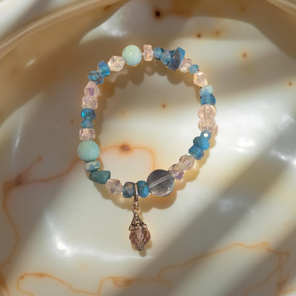 Blue Crystal and Glass beaded Bracelet  7 inches